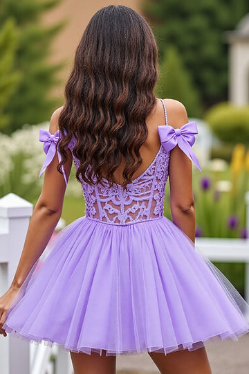 Lavender Tulle A Line Short Homecoming Dress with Bows